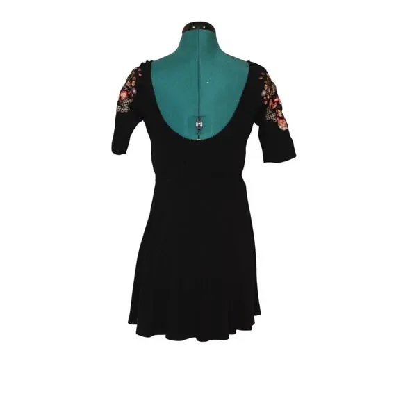 Free People Black Fit and Flare Skater Dress Embroidered  Sleeves Scoop Back S - Picture 4 of 8